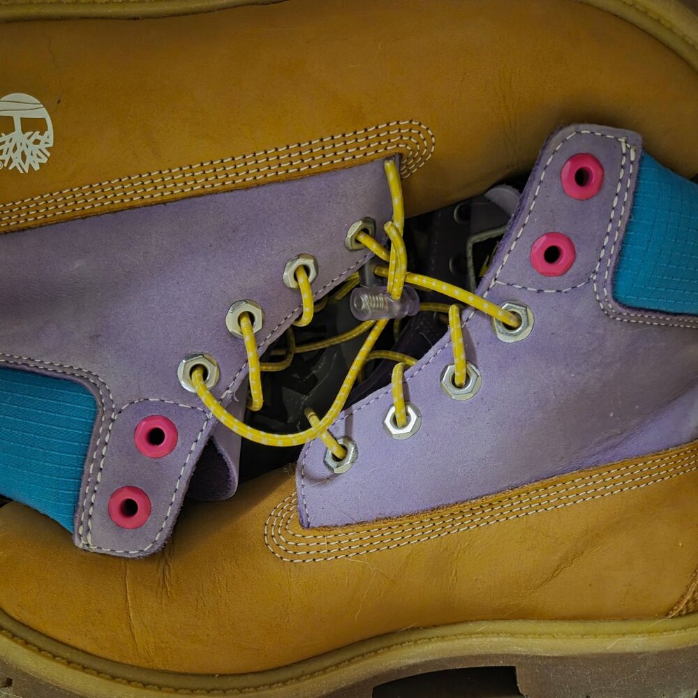 6" Timberland boots. Wheat/teal/purple